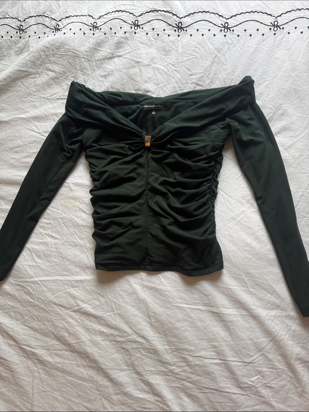 Abercrombie & Fitch Off-Shoulder Ruched Tunic in Forest Green